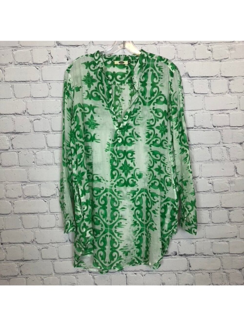Dolma White Green Print Tunic Size M 100% Cotton